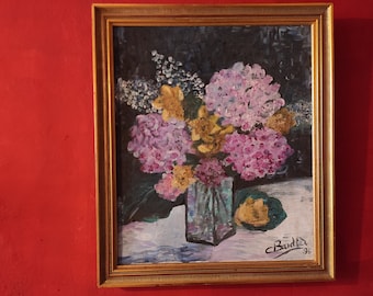 Peinture à l'huile française vintage d'hortensias signée C. Bardier, 1996