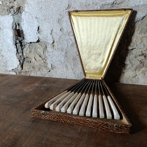 Puede incluir: Una caja de presentación triangular con un exterior marrón texturizado y un forro de satén amarillo pálido, que contiene un juego de doce cuchillos con hojas metálicas y mangos lisos de color blanco roto dispuestos en abanico.
