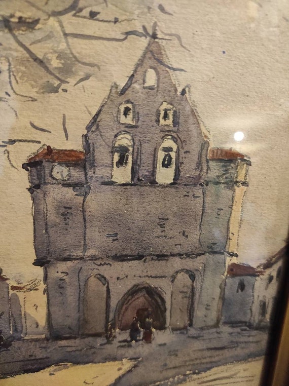 教会のある村を描いたフランスのヴィンテージ水彩画。署名入り、1931年