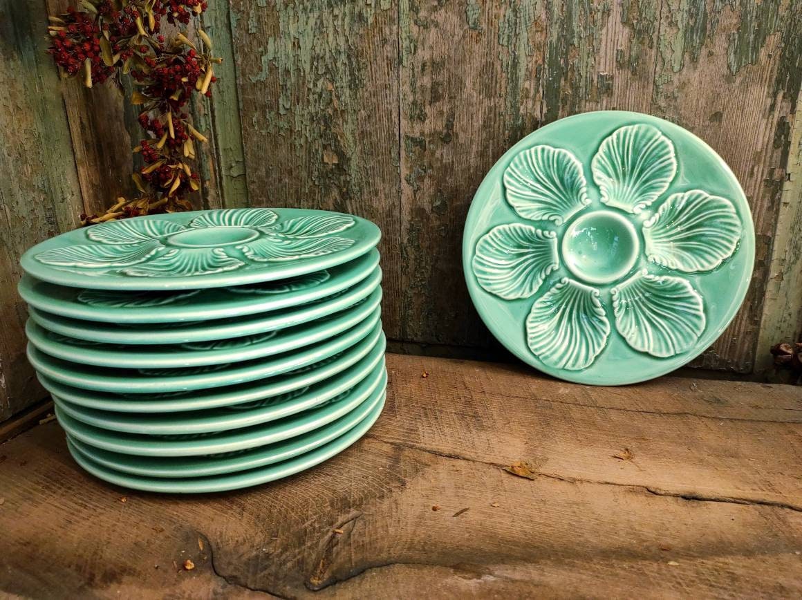 Assiette d'huîtres Français Vintage en Majolique Turquoise