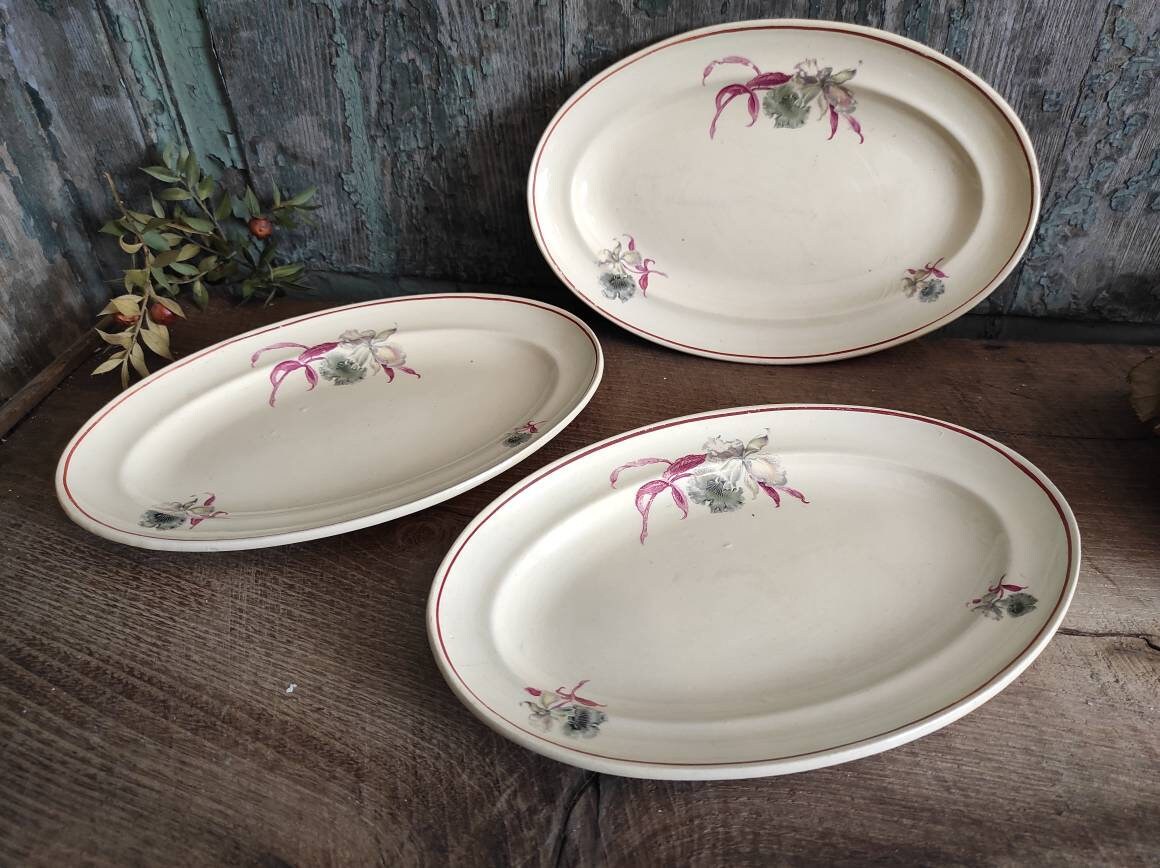 Plateaux de Service Vintage Français Ovales Du Moulin Des Loups, avec Décoration Florale d'orchidées