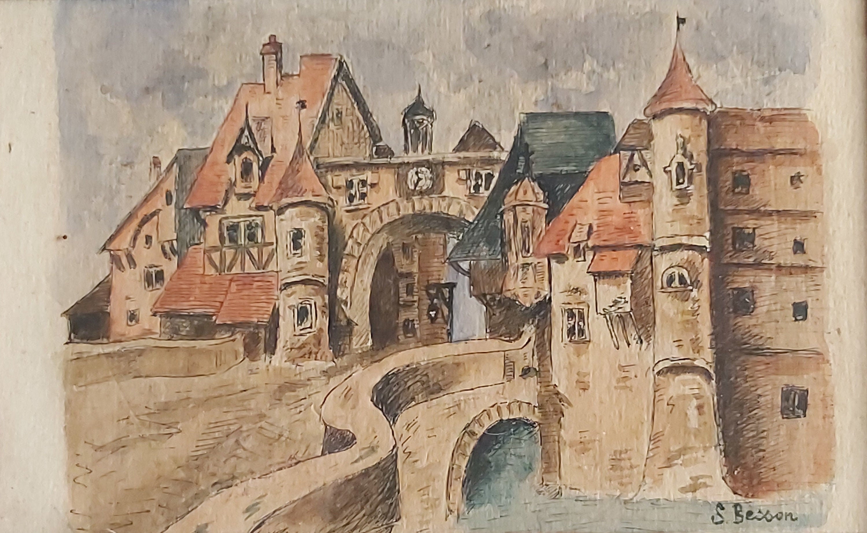 Vieille Miniature d'aquarelle Signée Par S. Besson