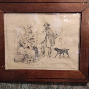 Old French pencil drawing, signed and dated 1865