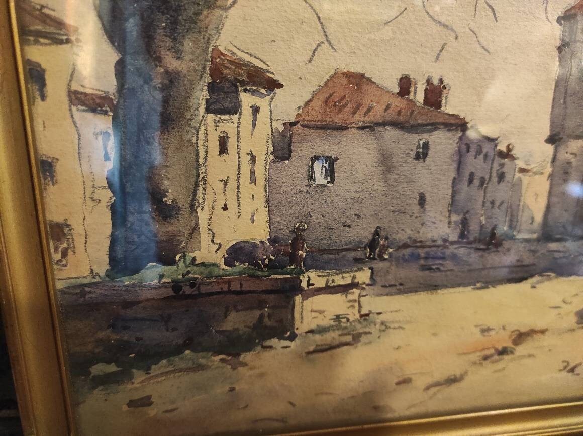 教会のある村を描いたフランスのヴィンテージ水彩画。署名入り、1931年