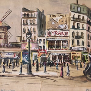 Könnte beinhalten: Ein Aquarellbild, das eine geschäftige Pariser Straßenszene mit einer Windmühle, einer Straßenlaterne und einem Schild mit der Aufschrift "CYRANO" zeigt. Das Bild ist in einem lockeren, impressionistischen Stil mit einer warmen Farbpalette gemalt.