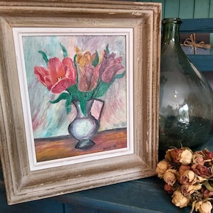 Vintage French oil painting of flowers, signed Petitgenay