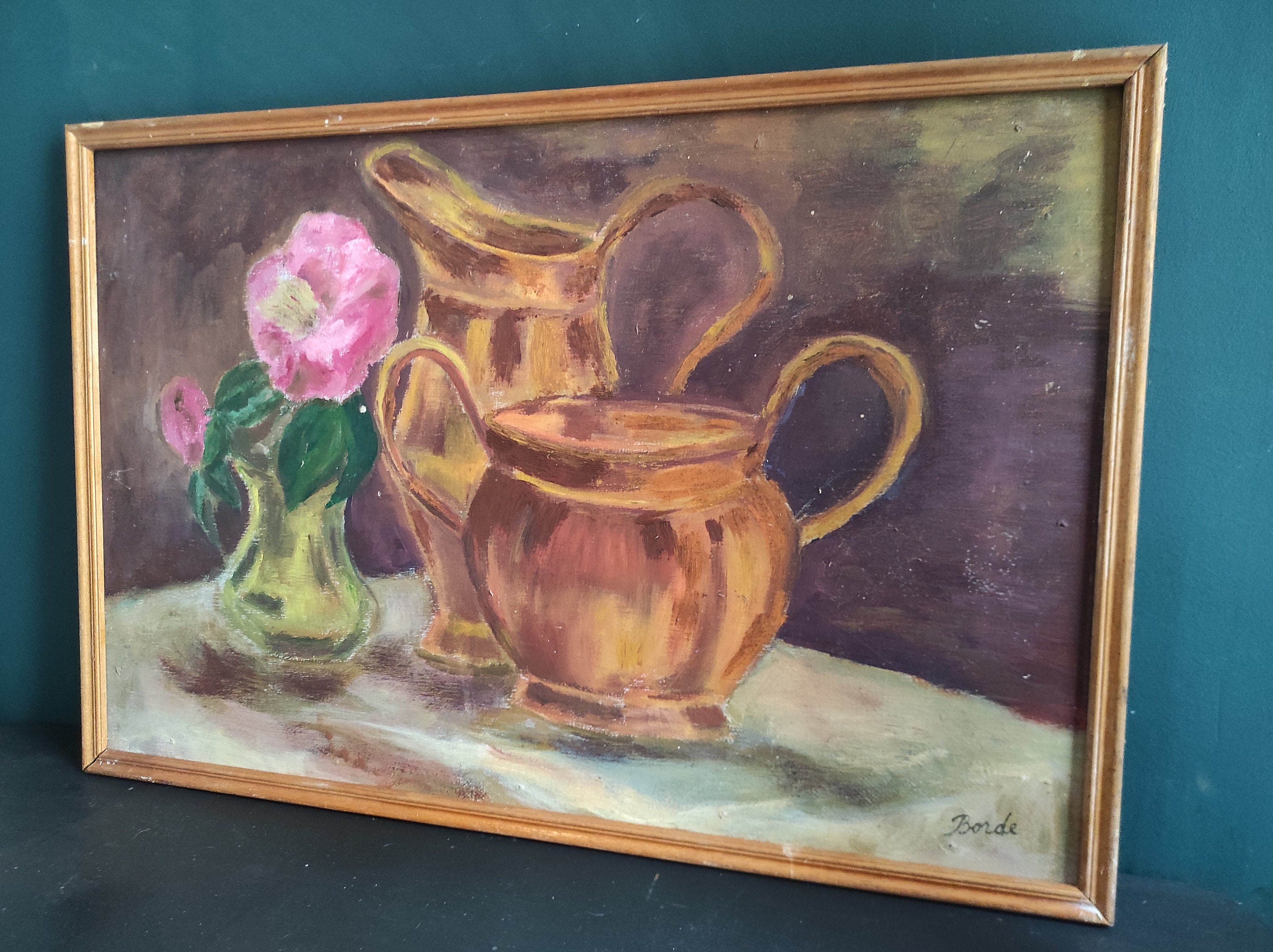 フランス　アンティーク　手描き　絵画　静物画 風合いある色彩豊かな花の油絵