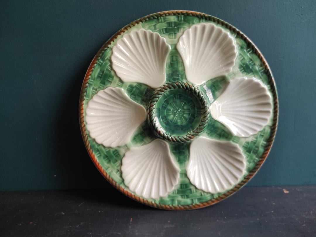 Vintage French oyster plates in Majolica, green and white