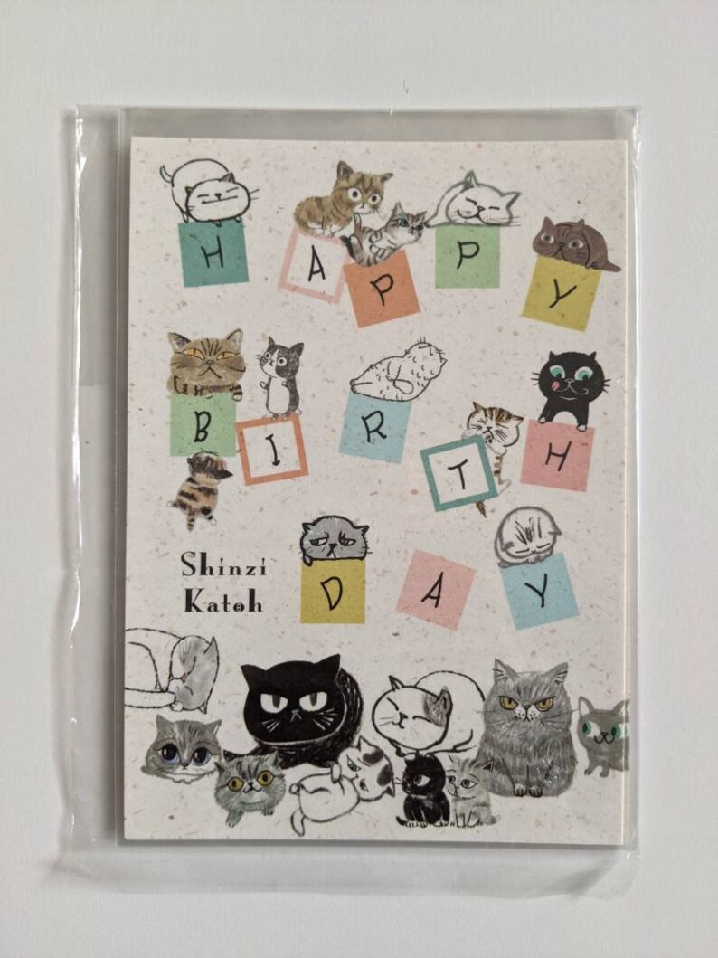 May include: A greeting card with a happy birthday message spelled out with cats sitting on colourful blocks. The card is illustrated with cats in various poses and has the name Shinzi Katoh printed on it.