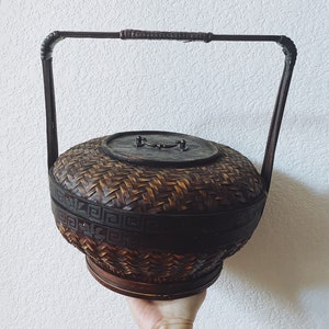 Vintage Round Bamboo Chinese Wedding Basket - Lid with Metal Embellishment - Long Handle - Tea Ceremony