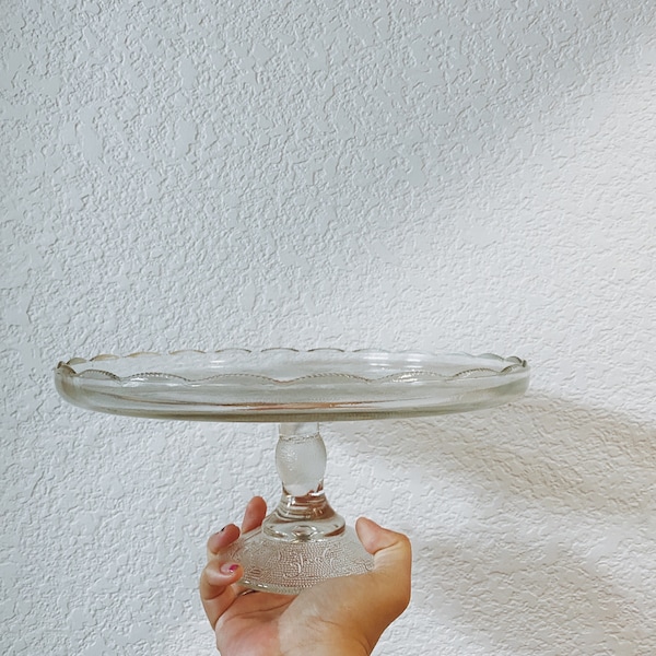 Vintage Jeanette Harp Lyre Clear Glass Round Cake Stand With Scalloped Rims