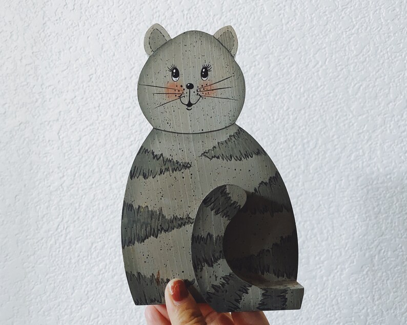 Vintage Hand-painted Wooden Block Gray Cat with Stripes Note or Card Holder Marianne Browne Artist Cottage Farmhouse Nursery Decor image 3