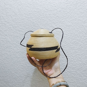 Vintage Round Handwoven Bowl  Basket with Lid and Hanging String - Beige Straw with Brown Line Design