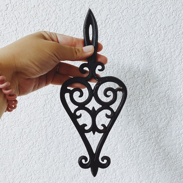 Vintage Black Ornate Cast Iron Trivet with Spade Design