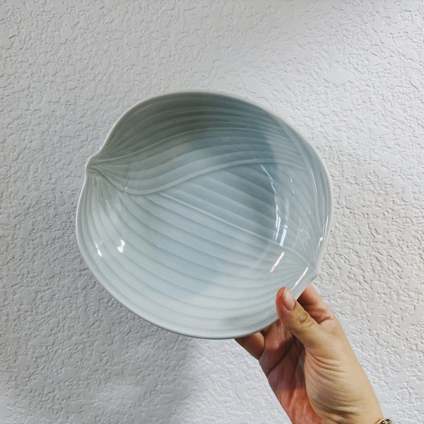 Vintage Signed Japanese or Korean Light Blue Celadon Glaze Leaf or Gourd Plate with minimalist lines - use for sushi, sides, salad, dessert