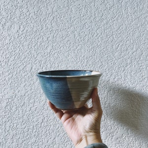 Vintage Handmade Round Blue and Cream Bowl with Organic Design - Signed by Pottery Artist