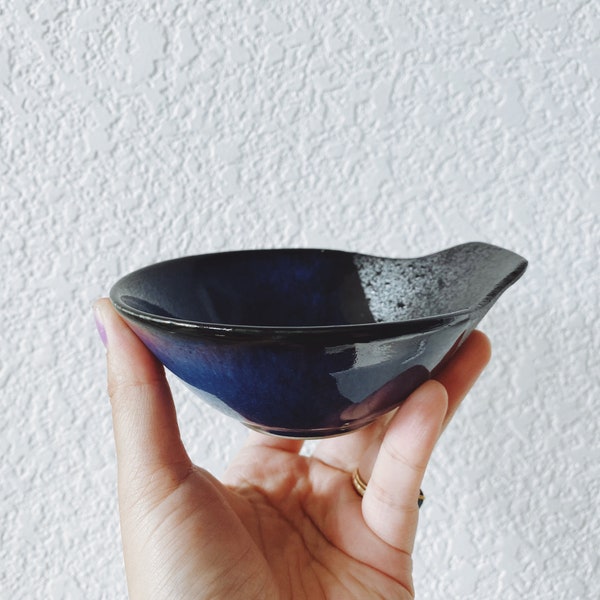 Vintage Japanese Ceramic Stoneware Pouring Bowl with Blue Speckled Glazing and Metallic Black Accent Spout