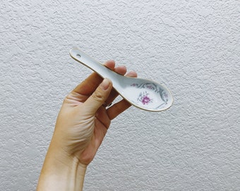 Vintage Taiwanese Tatung Round White Porcelain Soup Spoon with Pink Floral Rose Design - Asian Shape