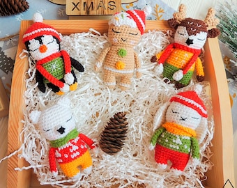 Christmas crochet pattern:penguin,bear,gingerbread,reindeer,bunny/Amigurumi Christmas bundle pattern/Christmas decoration pattern/English