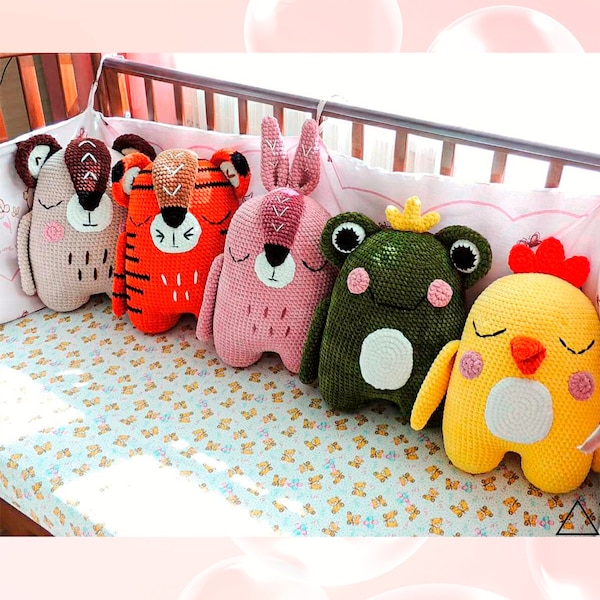 Crochet pillow pattern "Sleepy pillows" (bunny, bear, tiger, frog, baby chick), PDF modern crochet, boho crochet home decor, crochet animals