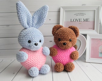 EASY Crochet Pattern 2 in 1 - Bunny and Bear, In English,Amigurumi heart,Heart tutorial,Bear DIY,valentine&#39;s day pattern,bunny instructions.