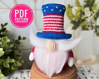 Crochet pattern patriotic gnome, Crochet gnome amigurumi pattern, 4th of July crochet pattern, USA flag decor