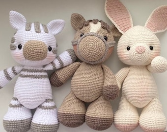 Crochet Animals SET Pattern 3 in 1: Bunny, Zebra and Pony, Amigurumi Animals PDF, Easy Crochet Tutorials