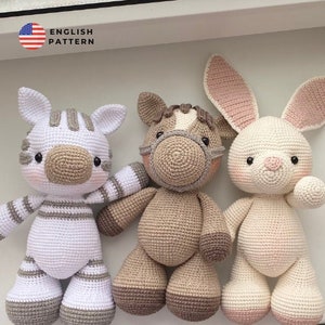 Crochet Animals SET Pattern 3 in 1: Bunny, Zebra and Pony, Amigurumi Animals PDF, Easy Crochet Tutorials