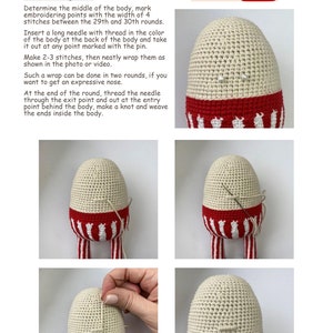 May include: A step-by-step guide on how to embroider a nose on a crocheted doll. The doll is wearing a red and white striped outfit. The instructions include marking the embroidery points, inserting a needle, making stitches, and wrapping the thread.