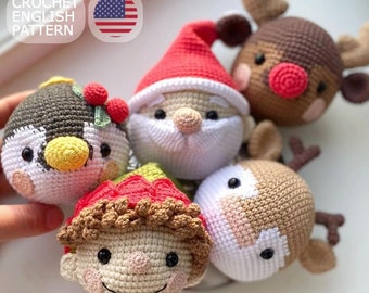 Crochet Christmas English SET 5 in 1: Penguin, Santa, Deer, Elf and Moose, Amigurumi Christmas Animals