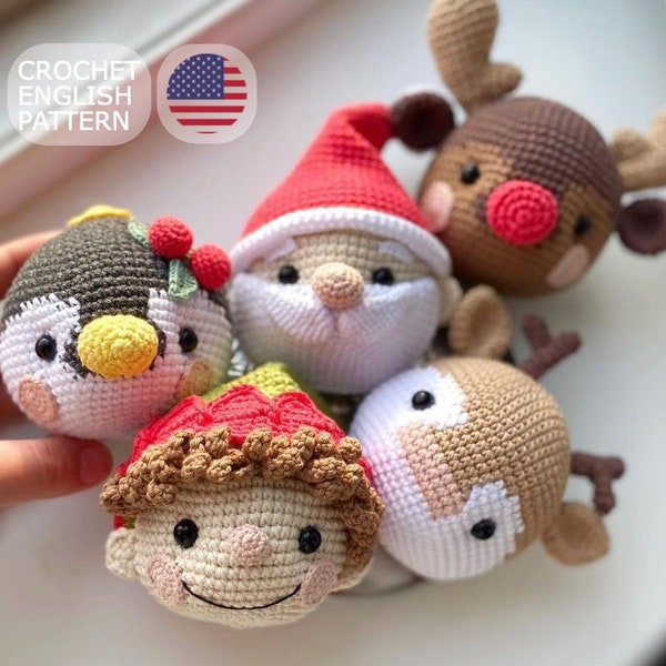 Crochet Christmas English SET 5 in 1: Penguin, Santa, Deer, Elf and Moose, Amigurumi Christmas Animals