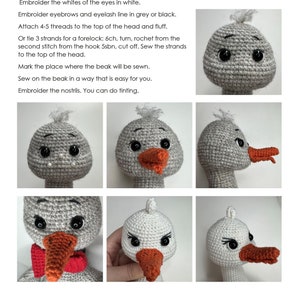 May include: A close-up of a crocheted bird with a gray head and a white body. The bird has black eyes, a red beak, and a red scarf around its neck. The bird is shown in different stages of completion, with the first image showing the head and the last image showing the finished bird.