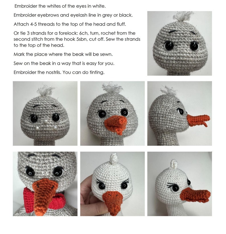 May include: A close-up of a crocheted bird with a gray head and a white body. The bird has black eyes, a red beak, and a red scarf around its neck. The bird is shown in different stages of completion, with the first image showing the head and the last image showing the finished bird.