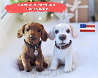May include: Crochet pattern for two adorable amigurumi dogs, one brown and one white, with black collars and tags. The pattern includes a PDF and video instructions. The image also includes a US flag.