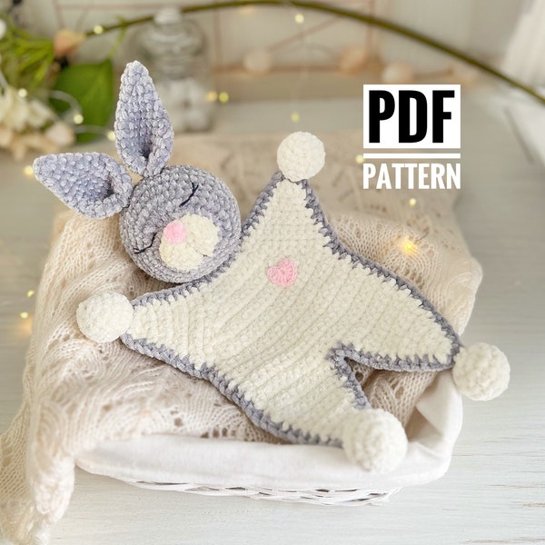 Crochet Lovey pattern bunny plush, Rabbit security blanket toy, Amigurumi comforter cuddly toy