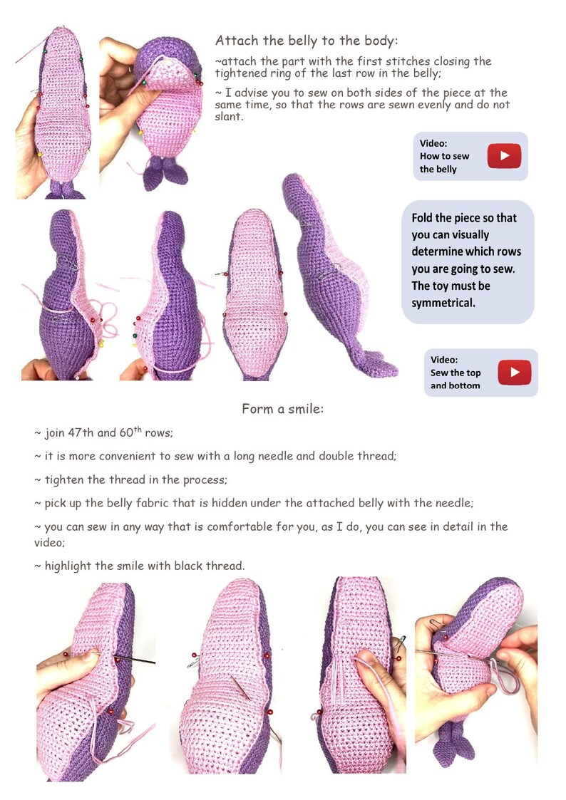 K&ouml;nnte beinhalten: H&auml;kelanleitungen f&uuml;r die Herstellung eines lila und rosa Pinguinspiels. Die Anleitungen beinhalten Bilder der Schritte, die beim N&auml;hen des Bauches am K&ouml;rper und beim Formen eines L&auml;chelns beteiligt sind. Der Text enth&auml;lt den Ausdruck "Verbinde die 47. und 60. Reihe".