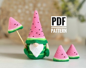 Crochet pattern watermelon gnome, Amigurumi gnome pattern, Summer Vacation gnome