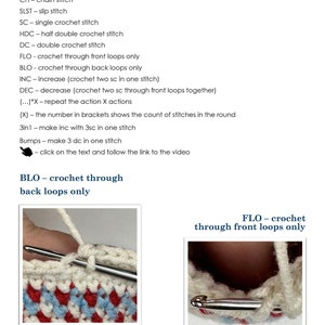 May include: Two close-up images showing how to crochet through the front loops only (FLO) and the back loops only (BLO). The images show a crochet hook going through the loops of a crocheted fabric.
