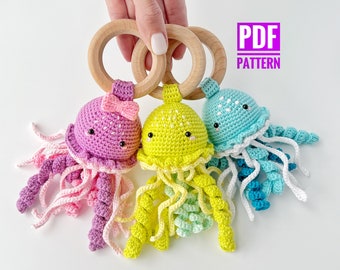 Crochet jellyfish, Amigurumi rattle, Sea animal baby rattle