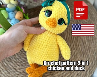 May include: Crochet pattern PDF for a yellow chick with green eyes and a green bow. The pattern includes instructions for making both a chicken and a duck.  The text "Crochet pattern 2 in 1 chicken and duck" is visible in the image.