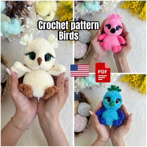 May include: A collage of three crocheted bird patterns. The birds are in white, pink, and blue. The white bird is an owl with large green eyes and brown feet. The pink bird is a chick with black eyes. The blue bird has a green crest and black eyes. The text "Crochet pattern Birds" is at the top.