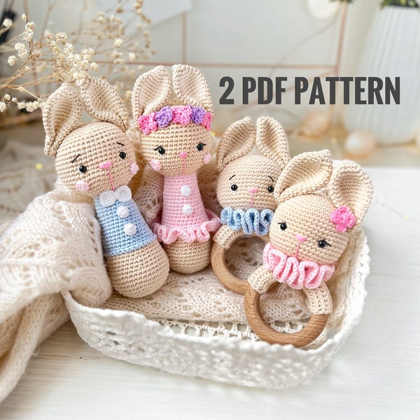 Bunny crochet rattle baby toy pattern PDF SET 2 in 1, Amigurumi bunny toy