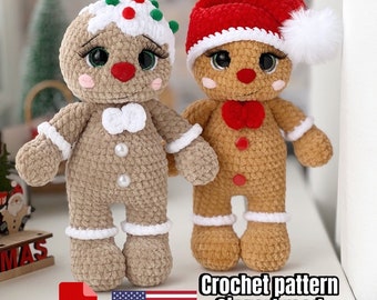 May include: Crochet pattern for a gingerbread person. The pattern is available in PDF format and is for US customers. The pattern includes two gingerbread people, one wearing a red Santa hat and the other with a white icing design.