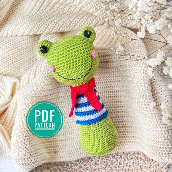 Frog baby rattle, Crochet rattle pattern, Frog amigurumi toy, New mom gift idea