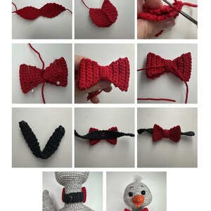 May include: A step-by-step tutorial on how to crochet a red bow tie. The tutorial shows how to make the bow tie, attach it to a black strap, and then add it to a gray crocheted chicken toy.