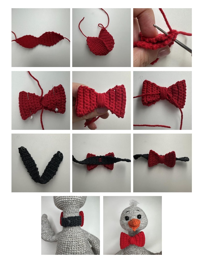 May include: A step-by-step tutorial on how to crochet a red bow tie. The tutorial shows how to make the bow tie, attach it to a black strap, and then add it to a gray crocheted chicken toy.