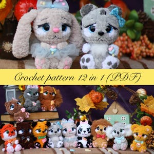 Puede incluir: Una colección de animales de peluche de ganchillo hechos a mano, incluyendo un conejo y un oso, con rasgos faciales detallados y lazos. La imagen también presenta una variedad de otros diseños de animales. El texto en la imagen dice "Crochet pattern 12 in 1 (PDF)".