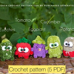 May include: A collection of five crocheted vegetable plushies: zucchini, tomato, eggplant, cucumber, and potato. Each plush has googly eyes and a smiling face. The text "Crochet pattern (5 PDF)" is displayed at the bottom.