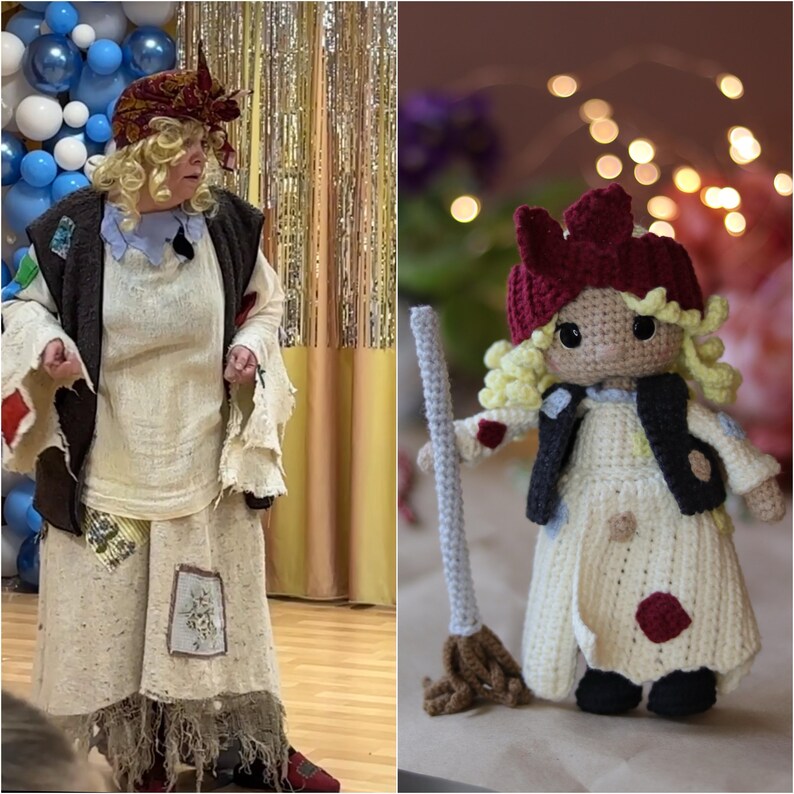 May include: A woman dressed as a witch with a red and white headscarf and a long white dress with patches. She is holding a broom. A crocheted doll dressed as a witch with a red hat and a long white dress with patches is standing next to her.