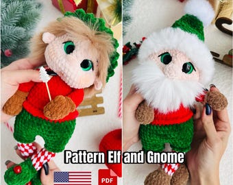 May include: Two handmade crochet dolls: an elf and a gnome. The elf has light brown hair, a green hat, and a red shirt with green pants. The gnome has a white beard and hat, a red shirt, and green pants. The text "Pattern Elf and Gnome" is displayed.